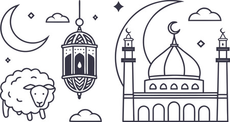 Minimalist eid al-adha set featuring sheep lantern and mosque dome © Vector KIng