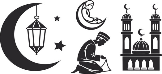 Blackline ramadan set: lantern, crescent moon, prayer, mosque minarets © Vector KIng