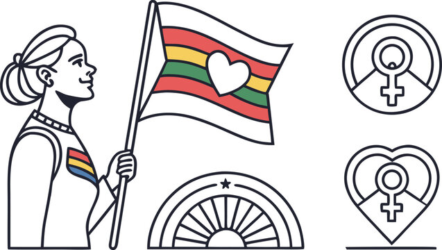Rainbow pride flag with feminist symbols and heart