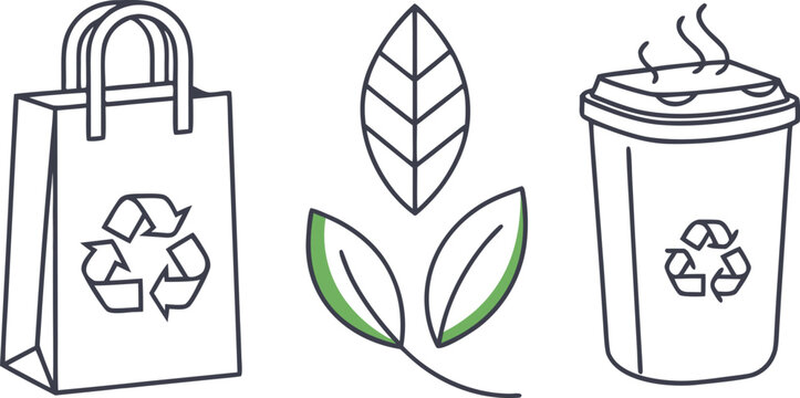Recycling symbols: reusable bag, leaf, and trash can depiction