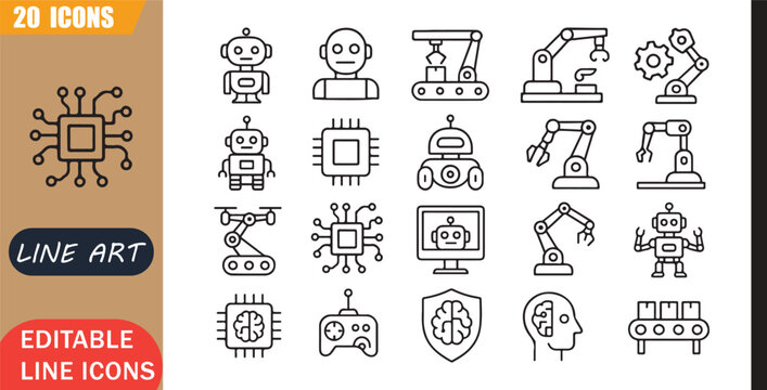 Isolated robotics icons set, 20 editable line art icons set, robot automation machine ai bot system control smart tech, robotics ai tools, minimal clean outline vector