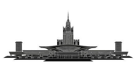 Naklejka premium Warsaw Palace of Culture and Science silhouette icon on white background