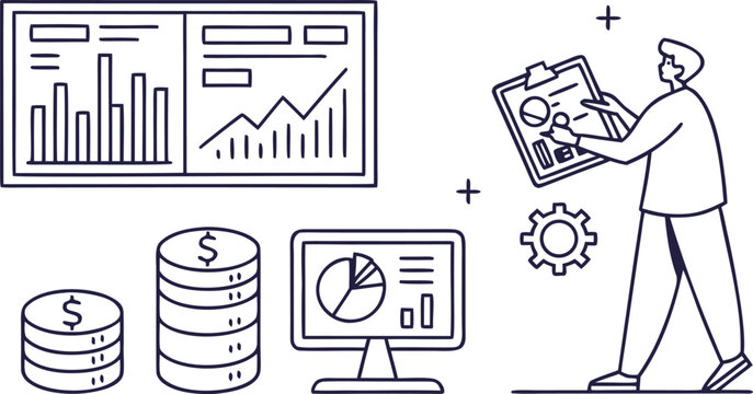 Business data analytics with graphs, charts, and financial symbols