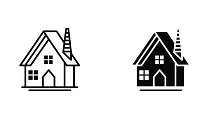 Fototapeta premium Simple house icon with chimney in outline and solid black silhouette for real estate and home themes isolated on white