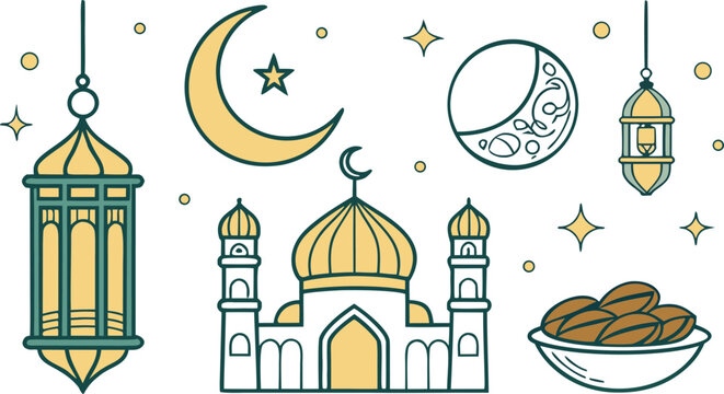 Flat ramadan with moon, lanterns, mosque, and dates
