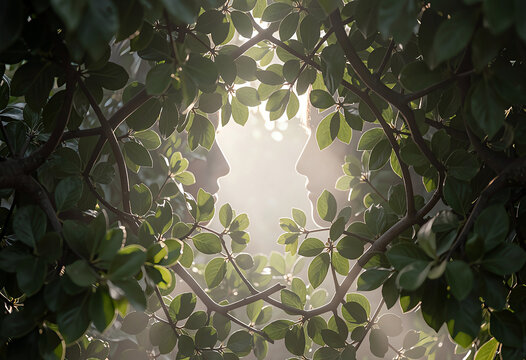 Mirrored profiles of intertwined branches transitioning to dense leaves, gentle backlighting, rim light highlighting leaf texture, soft mist.