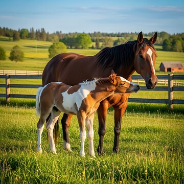 Brown Mare and Pinto Foal Standing Together in Sunny Pasture