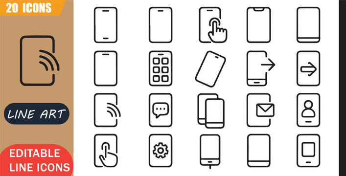 Isolated smartphone mobile icons set, 20 editable line art icons set, device screen touch app digital tech communication gadget, mobile app device tools, minimal clean outline vector