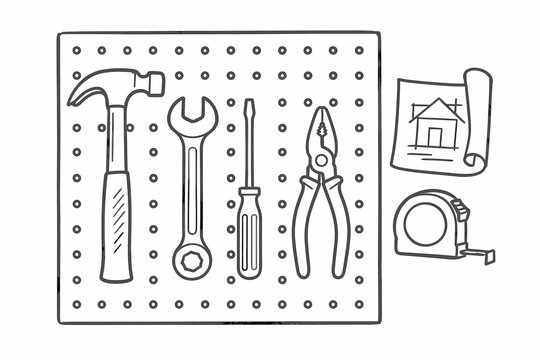 Workshop tools and DIY home repair concept depicting a large pegboard panel