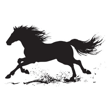 Dynamic black horse silhouette running through water or dust with splashing effect isolated on white.