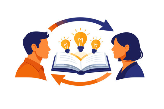 Team knowledge sharing and peer learning concept showing two figures facing