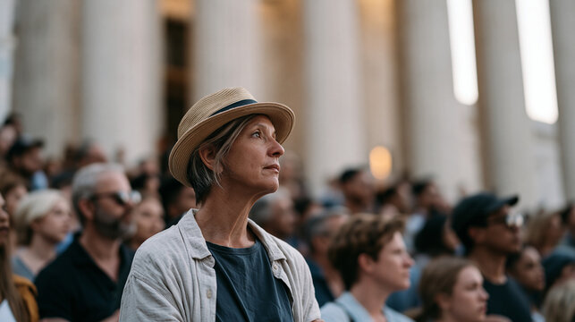 A multigenerational multicultural crowd gathered on courthouse steps in a peaceful community protest, older men and women linking arms with teenagers in the wide establishing shot, the building's ca