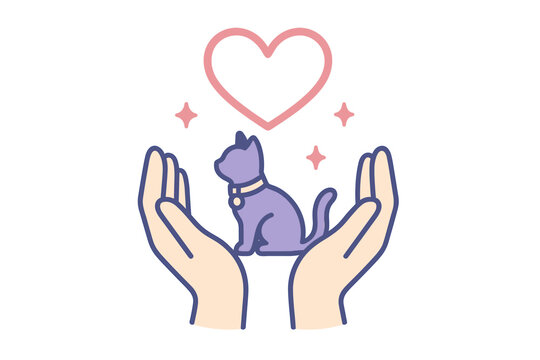 Cat and kitten adoption concept showing a pair of gentle hands cupping a