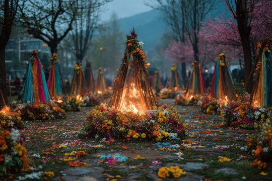 Enchanted Floral Fire Altars in a Misty Garden