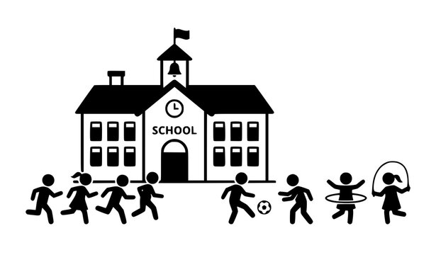 Minimal school building with children playing black and white vector illustration education icon scene isolated on white