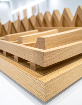 A macro shot of a light oak wood carving features contemporary geometric notches in a clean gallery setting.