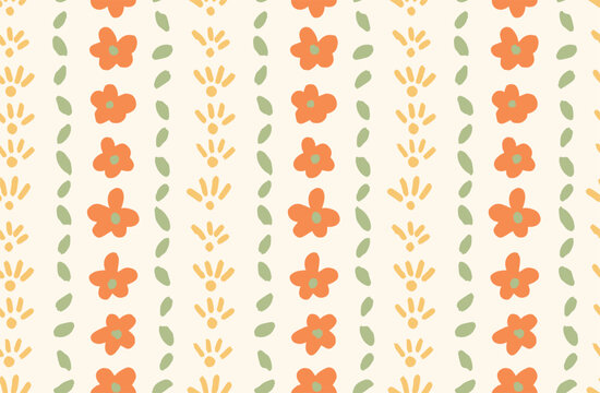Pastel cottagecore flower and leaf stripe seamless pattern, hand drawn village garden florals in soft orange and sage green, cute farmhouse wallpaper for fabric wrapping, country kitchen textiles