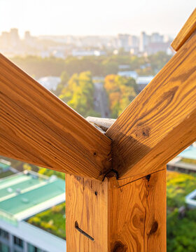 A detailed joint of a modern mass timber skyscraper shows sustainable wood construction techniques.