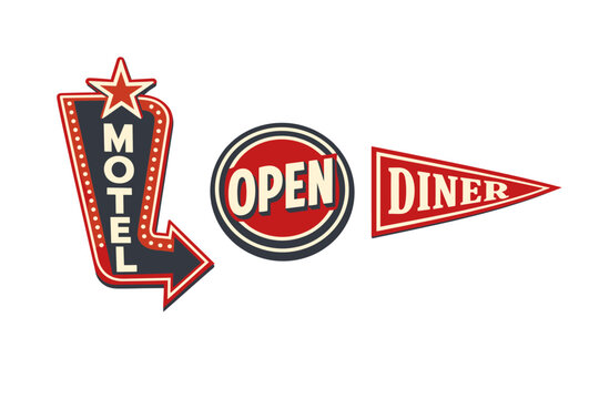 Vintage American diner and roadside signage concept featuring three retro