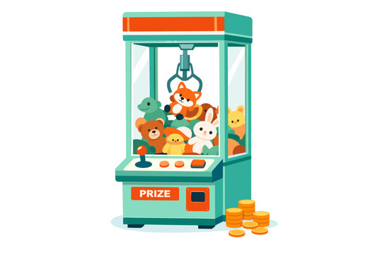 Claw machine arcade concept with a tall transparent vending cabinet filled