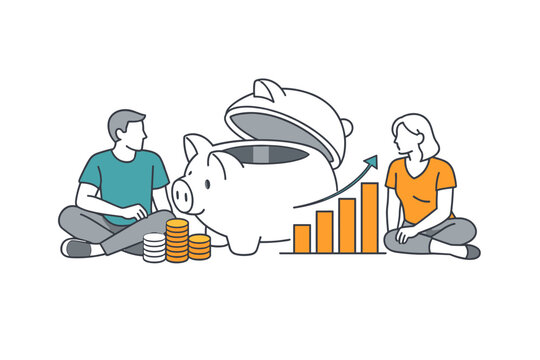 Family budgeting concept showing two adult figures seated with a large open