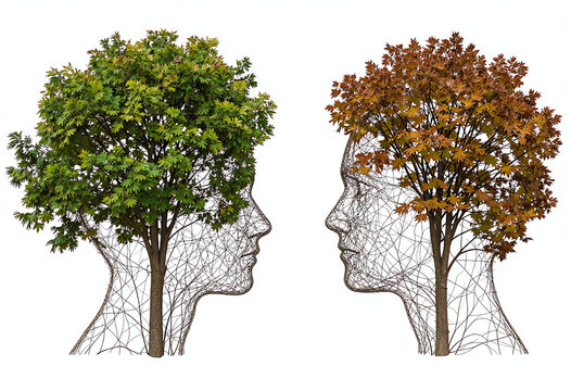 Two living sculptures on white background: deciduous tree human profile of interwoven branches, lush green to autumnal brown canopy, fine twig facial contours.