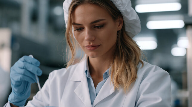 Single female factory hygiene officer swabbing food-grade production surfaces for contamination testing inside certified ethical protein processing facility, stringent safety protocols visible throu