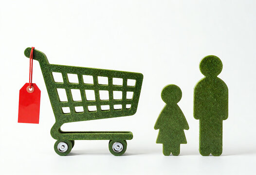 two living sculptures on white background: left trimmed hedge shopping-cart silhouette with chrome wheel and dangling glossy red tag, crisp leaf texture.