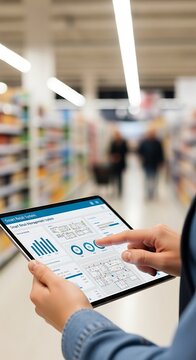 Person Using Digital Tablet with Data Dashboard in Blurred Retail Store Aisle