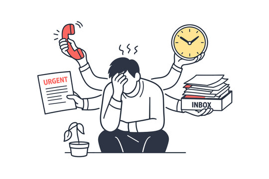 Multitasking overwhelm and competing priorities concept showing a single
