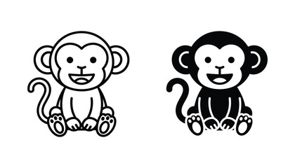 Friendly monkey character icon set for educational children materials or zoo branding featuring line art and solid black silhouette versions in high quality scalable vector graphic format design © Visual