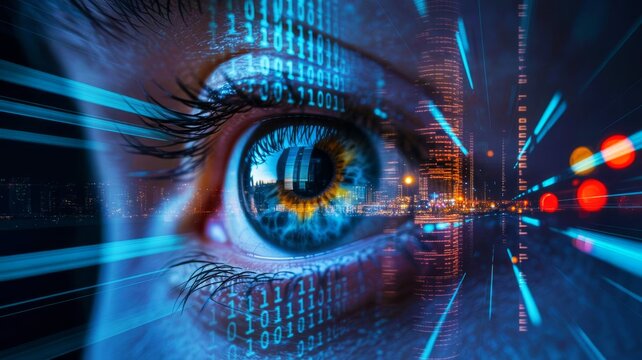 A futuristic eye surrounded by digital elements, symbolizing technology, data, and connectivity in a vibrant cityscape.