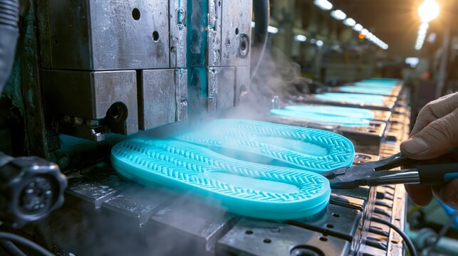 A foam EVA flip flop sandal injection molding manufacturing process.