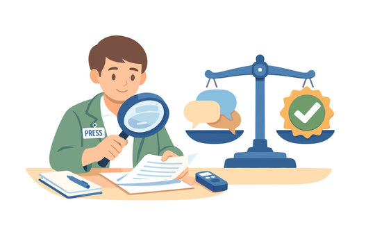 Journalism integrity and fact-checking concept illustrating a reporter