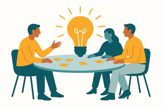 Group brainstorming workshop scene depicting three simplified figures