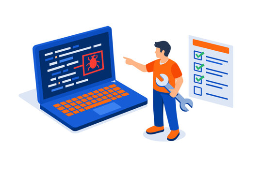 Software quality assurance and bug testing concept depicting a laptop
