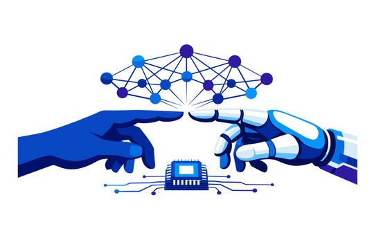 Artificial intelligence and machine learning concept showing a human hand