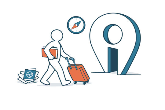 Immigration and relocation concept depicting a simplified figure pulling a