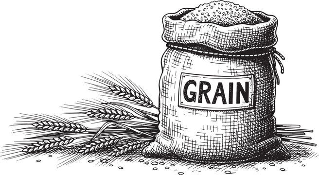 Burlap sack of grain with wheat stalks