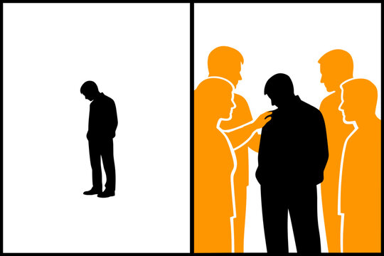 Silhouette diptych of urban loneliness versus connection: left panel   a