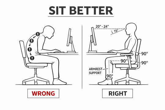 Posture correction and ergonomic sitting guide concept showing two