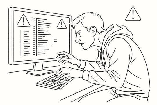 Cybersecurity analyst working under pressure concept rendered in precise