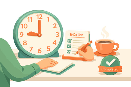 Productivity and time management concept showing a person at a clean desk