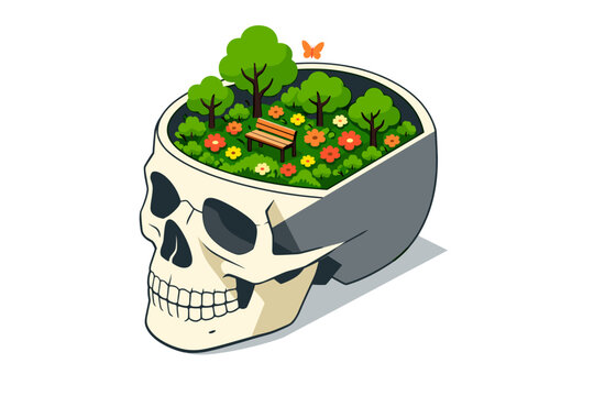 Single dramatic 3D-style isometric editorial illustration of a human skull