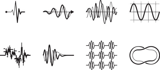 Naklejka premium Modern Digital Signal Transmission Icons Featuring Sine Wave Amplitude Heartbeat Monitor and Sonic Rhythm Graphics