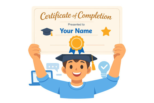 E-learning certificate and course completion concept showing a floating