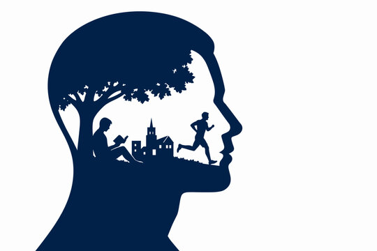 Silhouette double-exposure concept illustration: a large human head profile