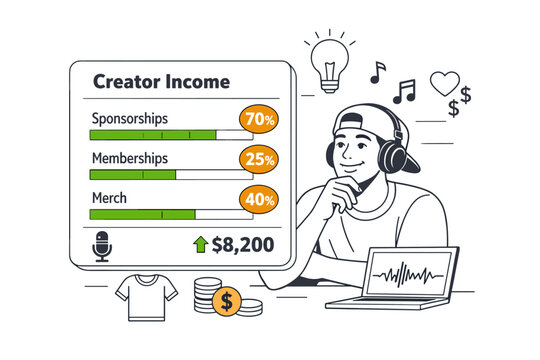 Podcast monetization and creator revenue concept showing a floating revenue
