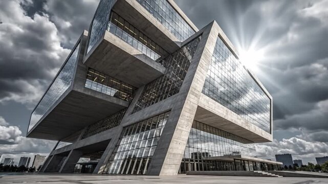 Modern architecture glass building concrete structure angular design urban office corporate building reflective windows cloudy sky exterior view contemporary facade city plaza daylight reflection