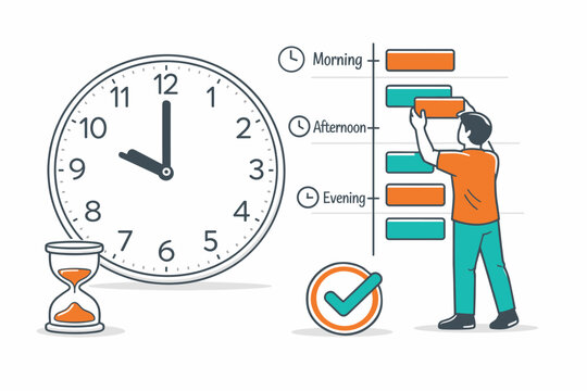Time management and productivity planning concept featuring a large clock